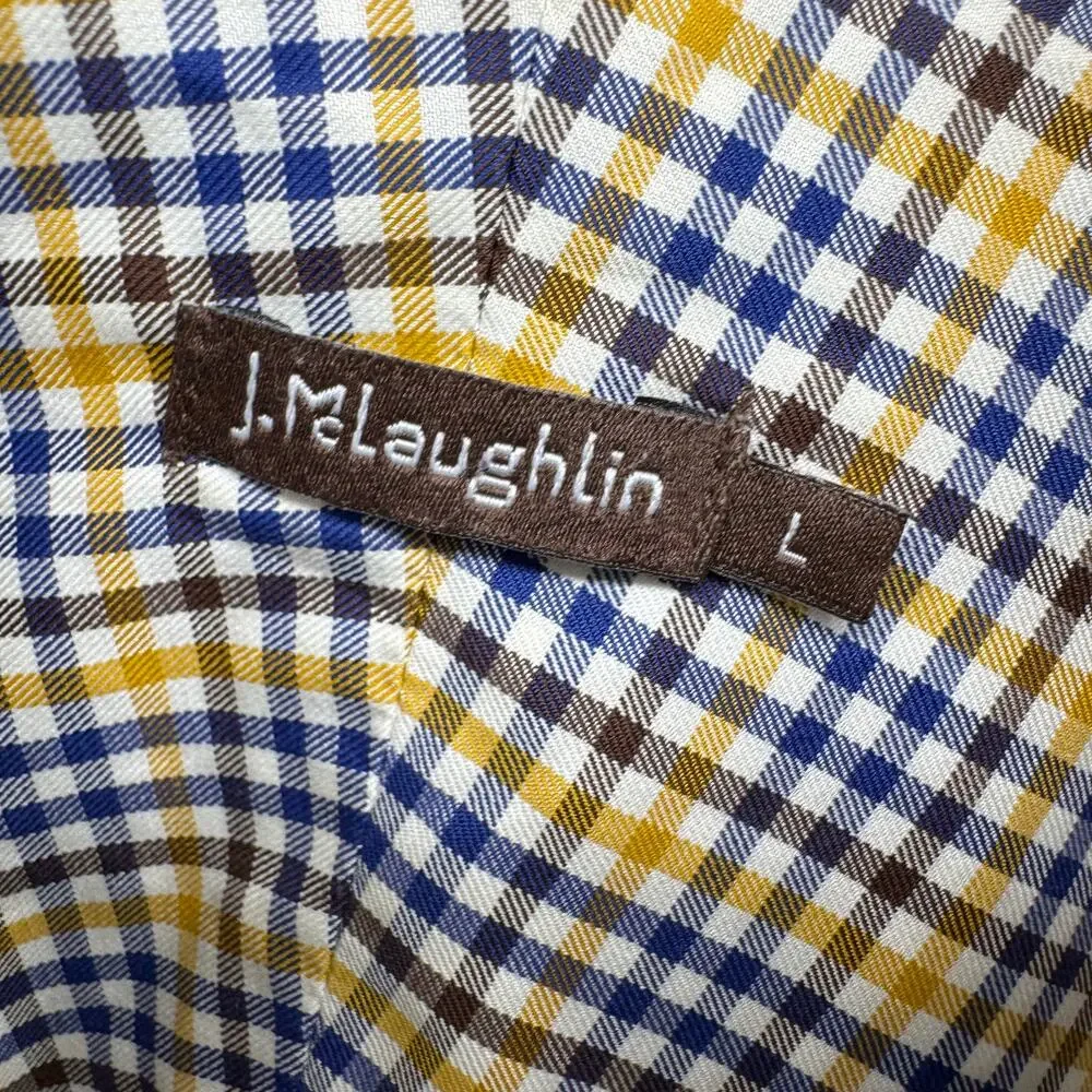 J McLaughlin Shirt Mens Large Button Down Blue Yellow Check Plaid Coastal Cotton
